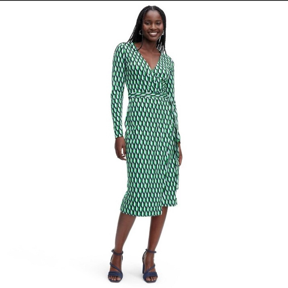 New! Diane Von Furstenberg Green Geometric Arrow PatternLong Sleeve Dress Medium